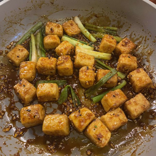 Crispy Umami Tofu in the skillet.