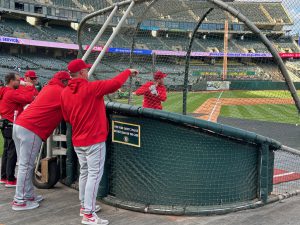 Los Angeles Angels outfielder Mike Trout takes batting practice before a game at the Oakland Coliseum on March 30, 2023.