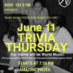 KXSF Trivia Night at Flanahans pub Thursday June 11 7:30 pm. Theme is World Music