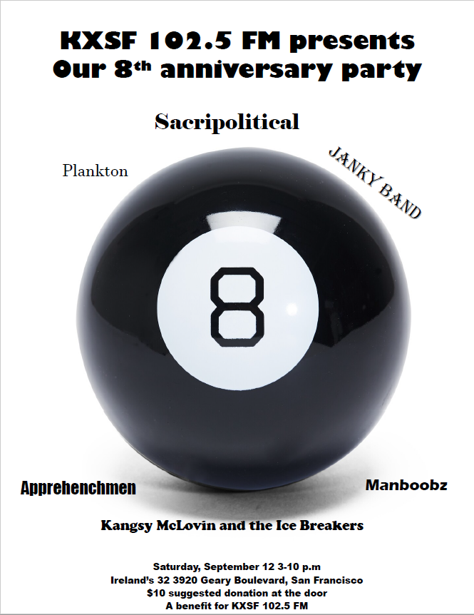 Saturday, September 12 Enjoy live music at Ireland's 32 with Sacripolitical, Janky Band, Plankton, Carry Nation, Apprehenchmen, Kangsy McLovin and the Ice Breakers! 3920 Geary Blvd, San Francisco, CA 94118 3-10pm | suggested $10 donation at the door